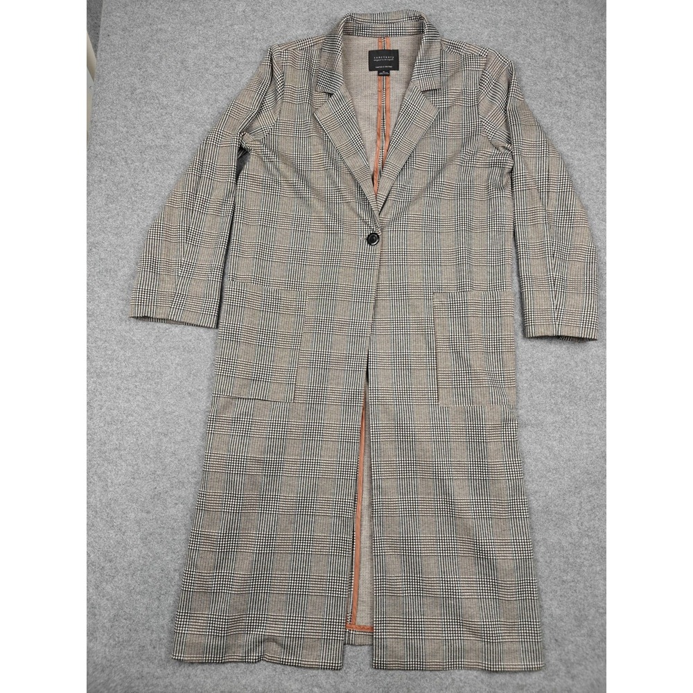 Sanctuary Coat Womens XL Beige Plaid Tweed Button Long Lightweight Unlined